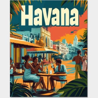 Experience the charm of Havana as friends gather at a lively cafe, enjoying drinks and conversations beneath a beautiful sunset, surrounded Posters and Art